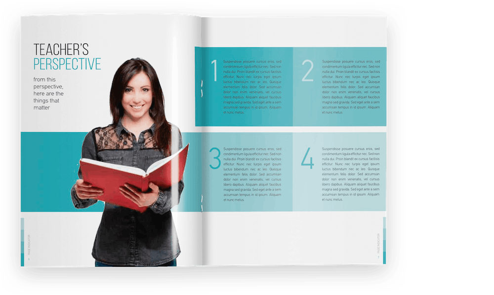 open book showing a photo of a woman with an open book and four differently colored boxes