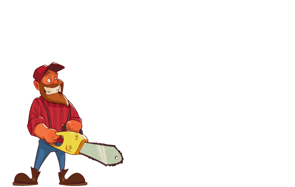 cartoon lumberjack with a beard, holding a chainsaw