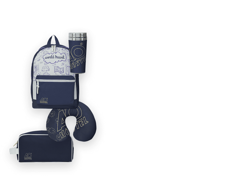 a backpack, a neck pillow, a water bottle and a pouch with blue and gray branding