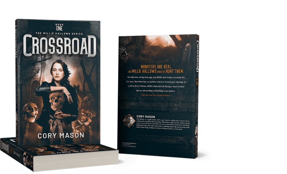 black book cover with gray text and an image of a woman with skulls