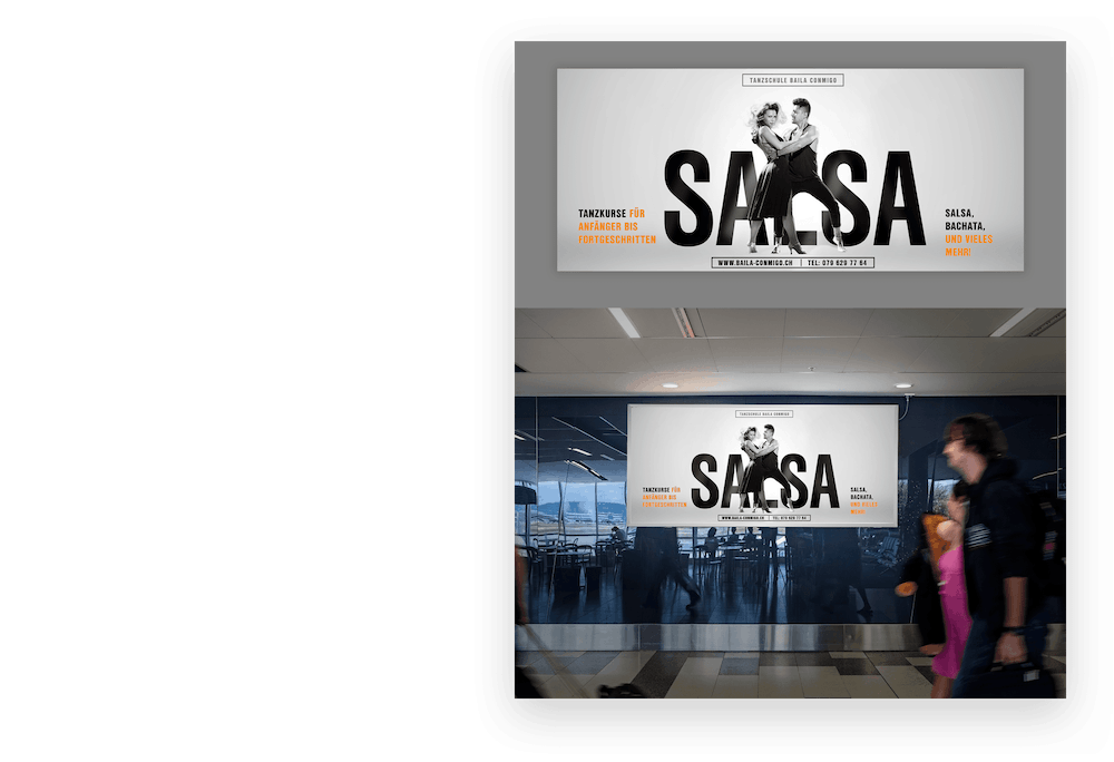 white sign with black text and image of people dancing